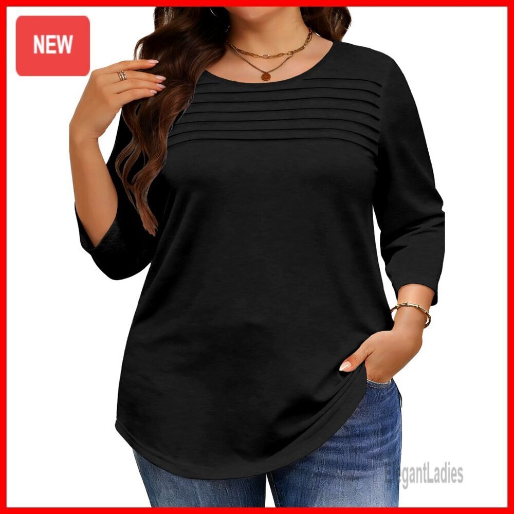 Plus Size 3/4 Sleeve Tunic Top Pleated Front Cotton Blend Loose Fit